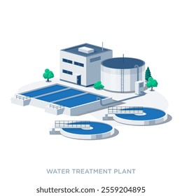 Waste water treatment plant with two circular filter tanks and reservoir storage. Wastewater filtration purification system facility. Environment ecology industry. Isolated vector illustration icon