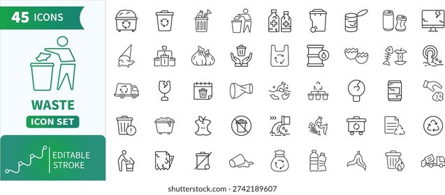Waste web Line Icons Set. Collection of waste management, garbage, pollution,management, disposal, bin and recycling sign outlines .Editable Stroke. Vector Illustration.