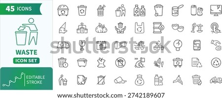 Waste web Line Icons Set. Collection of waste management, garbage, pollution,management, disposal, bin and recycling sign outlines .Editable Stroke. Vector Illustration.