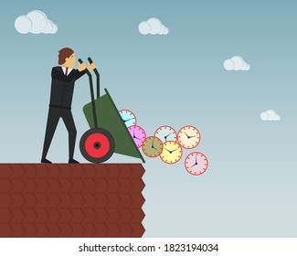 Wasted time business concept. A businessman throws many round mechanical clocks into the abyss. Vector illustration.