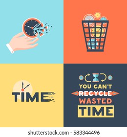 Wasted Time Concept 4 Flat Icons Square  With Useless Activities  Trash Basket And Clock Symbols Vector Illustration 