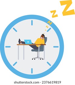 
Wasted time, procrastination or slow life, lazy to work, low productivity or efficiency, self discipline problem, tired or no motivation concept, lazy businessman sleeping on the time running clock.
