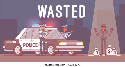 Wasted in video game. Player is injured and collapses, protagonist losing all of health, being shot or caught by the police. Vector line art illustration
