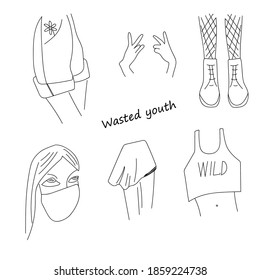 Wasted Youth Hipster Young Girl Teenager Linear Doodles Set, 90s And Grunge Style Elements, Jeans Shorts, Crop Top, Mini Skirt, Girl In Mask