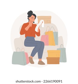 Wasteful spending isolated cartoon vector illustration. Angry and shocked woman holds long bill, lots of shopping bags, goods around, people bad habits, money waste vector cartoon.