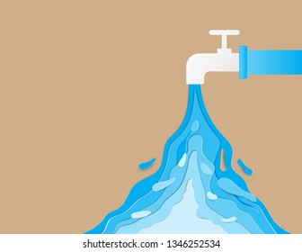 Wasteful water consumption reduction concept. The water tap is left open. And there is a lot of water flowing out on brown background. Digital craft paper cut style. Save the water save the earth.