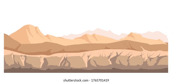 Wasteland empty scenery of nature, hills and mountains ranges. Rigid surface of ground and rocks, valley with mud and dirt. Wild scene with cracked soil, rural landscape vector in flat style