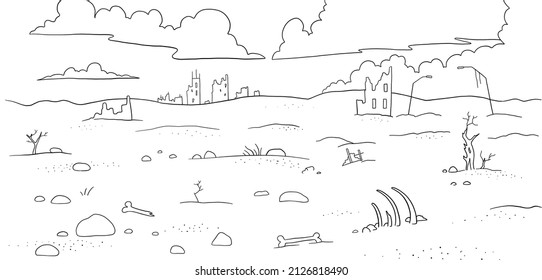 Wasteland view. Post apocalypse line sketch. Draught environment. Vector illustration.