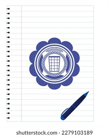 wastepaper basket icon blue ink pen emblem. Vector Illustration. Detailed. 