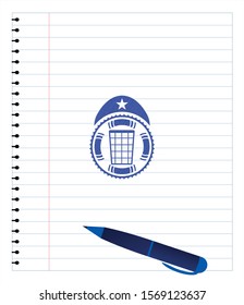 wastepaper basket icon emblem draw with pen effect. Blue ink. Vector Illustration. Detailed.