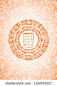 wastepaper basket icon inside abstract orange mosaic emblem