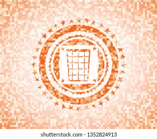 wastepaper basket icon inside abstract emblem, orange mosaic background