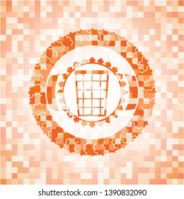 wastepaper basket icon inside abstract orange mosaic emblem