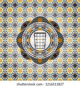wastepaper basket icon inside arabesque badge. arabic decoration.