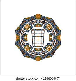 wastepaper basket icon inside arabesque badge background. arabic decoration.
