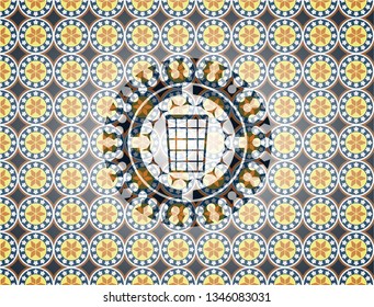 wastepaper basket icon inside arabesque emblem background. arabic decoration.