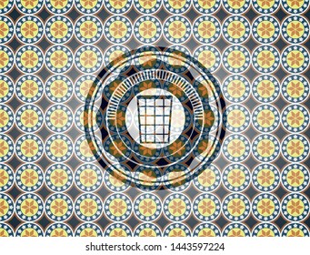 wastepaper basket icon inside arabesque badge background. arabic decoration.