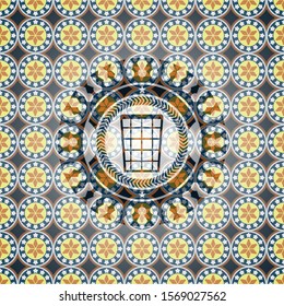wastepaper basket icon inside arabesque style badge. arabic decoration.