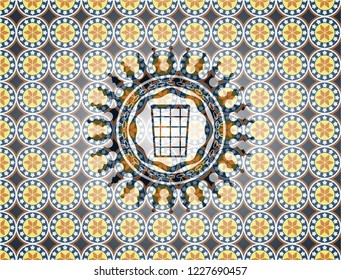 wastepaper basket icon inside arabic badge. Arabesque decoration.