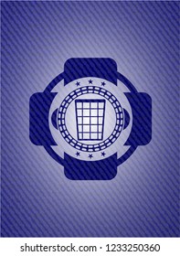 wastepaper basket icon inside badge with denim background