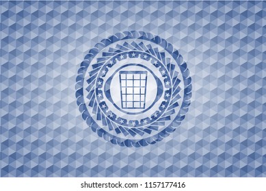 wastepaper basket icon inside blue polygonal emblem.