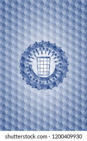 wastepaper basket icon inside blue emblem with geometric background.