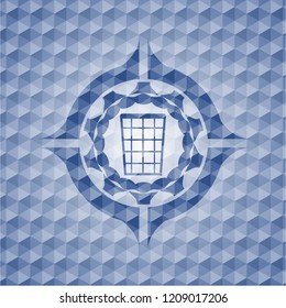 wastepaper basket icon inside blue badge with geometric pattern.