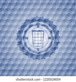 wastepaper basket icon inside blue emblem or badge with geometric pattern background.