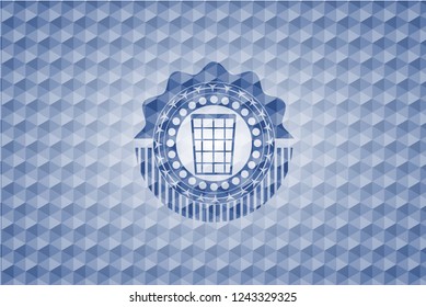 wastepaper basket icon inside blue emblem with geometric pattern background.