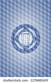 wastepaper basket icon inside blue badge with geometric pattern background.