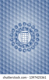 wastepaper basket icon inside blue badge with geometric pattern.