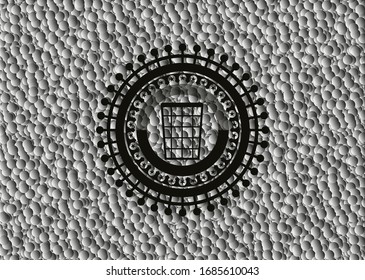 wastepaper basket icon inside dark emblem with grey bubbles background. Vector Illustration. Detailed.