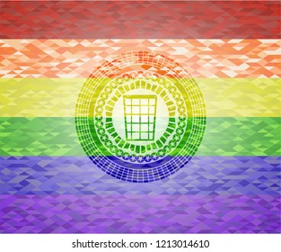 wastepaper basket icon inside emblem on mosaic background with the colors of the LGBT flag