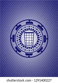 wastepaper basket icon inside emblem with jean background