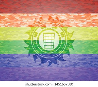 wastepaper basket icon inside emblem on mosaic background with the colors of the LGBT flag