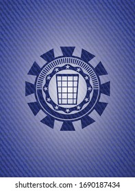 wastepaper basket icon inside emblem with jean texture