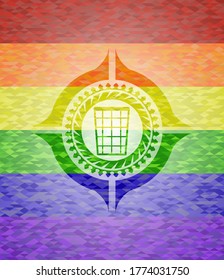 wastepaper basket icon inside emblem on mosaic background with the colors of the LGBT flag. 