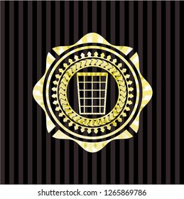wastepaper basket icon inside gold emblem or badge