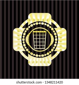 wastepaper basket icon inside golden emblem