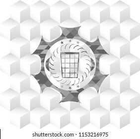 wastepaper basket icon inside grey emblem with geometric cube white background