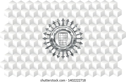 wastepaper basket icon inside grey emblem with cube white background