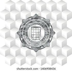 wastepaper basket icon inside grey emblem. Vintage with geometric cube white background