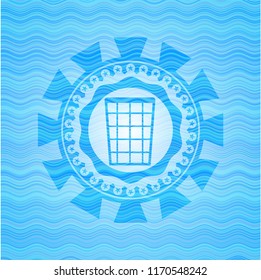 wastepaper basket icon inside light blue water badge.