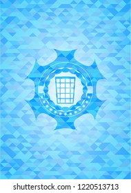 wastepaper basket icon inside light blue emblem. Mosaic background