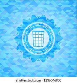 wastepaper basket icon inside light blue emblem with triangle mosaic background