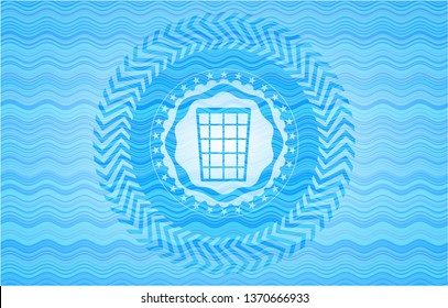 wastepaper basket icon inside light blue water wave badge background.