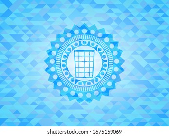 wastepaper basket icon inside light blue mosaic emblem