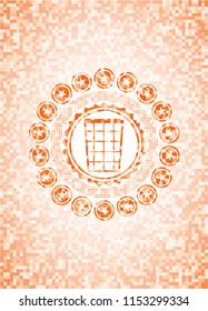 wastepaper basket icon inside orange tile background illustration. Square geometric mosaic seamless pattern with emblem inside.