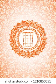 wastepaper basket icon inside orange tile background illustration. Square geometric mosaic seamless pattern with emblem inside.