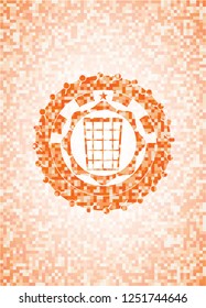 wastepaper basket icon inside orange mosaic emblem